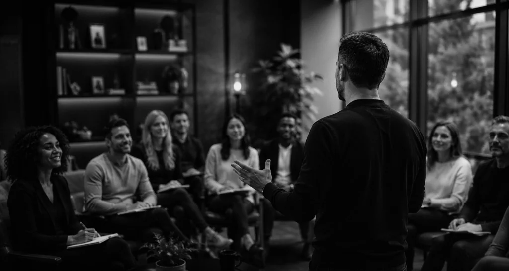 A man is speaking to a small group of peers.