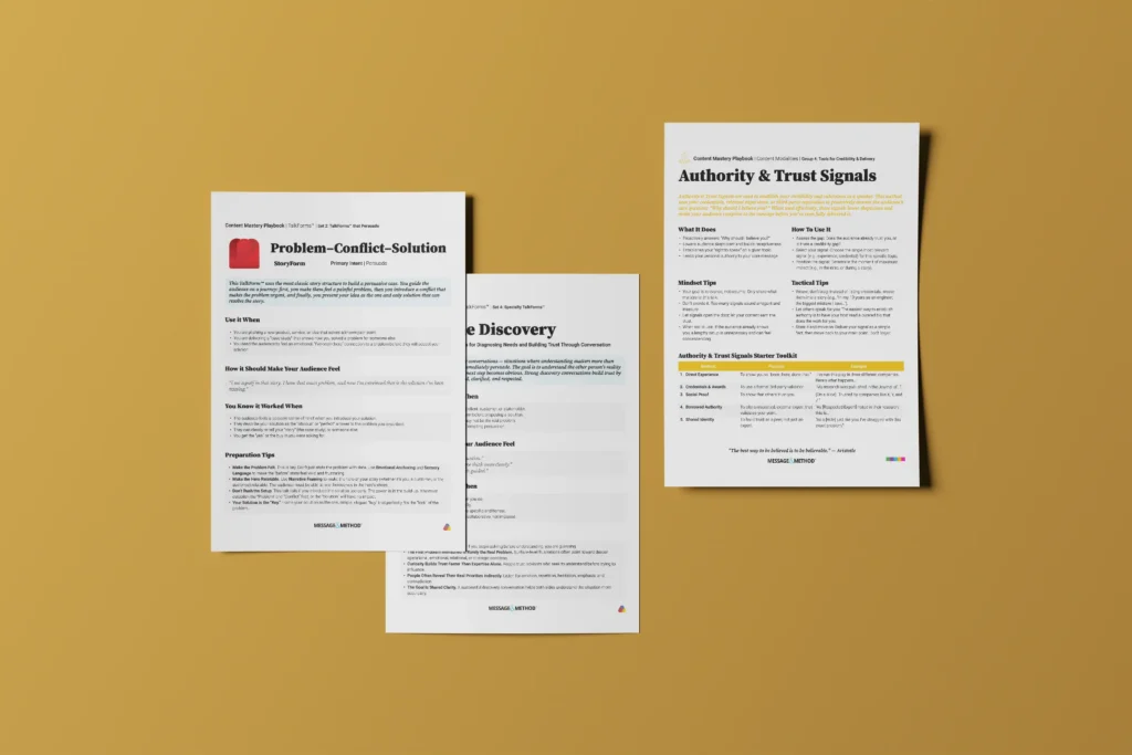 Sample pages from the Content Mastery Playbook laid out on a table.